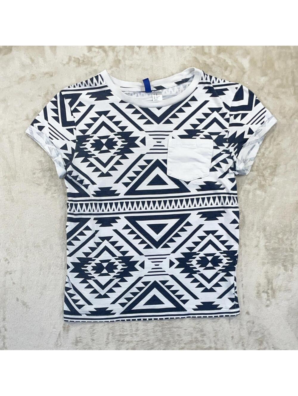 Divided By H&M Men’s Tribal Print White/Navy Blue Pocket T-Shirt Size XS